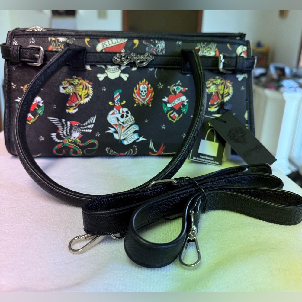 🔥 ED HARDY Tattoo-Print Tote with Colorful Motifs. NWT